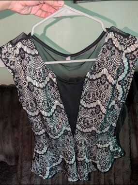 Black Lace-Overlay V-Neck Peplum Blouse
